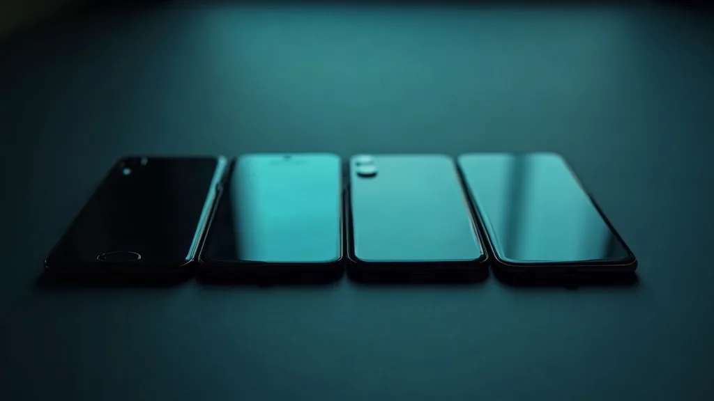 Quatre smartphones identiques posés face contre table sur une surface sombre, alignés, éclairage zénithal froid