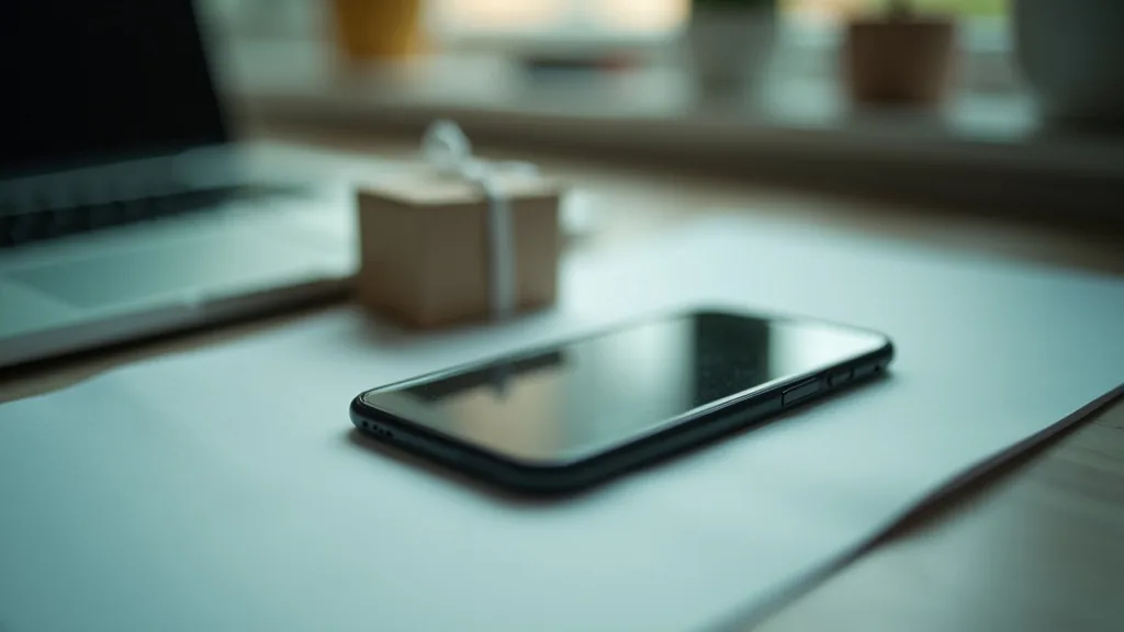 Smartphone posé sur un bureau à côté d'un ordinateur portable fermé et d'un petit colis