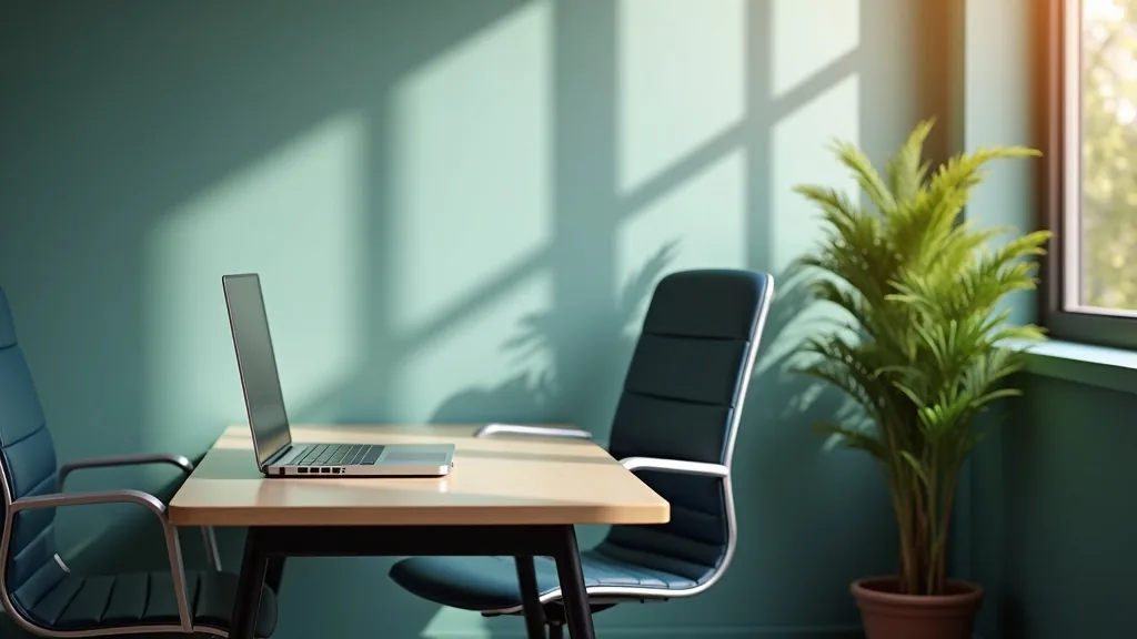 Coin d'un espace de coworking moderne avec un ordinateur portable et une plante, chaises vides, lumière du matin