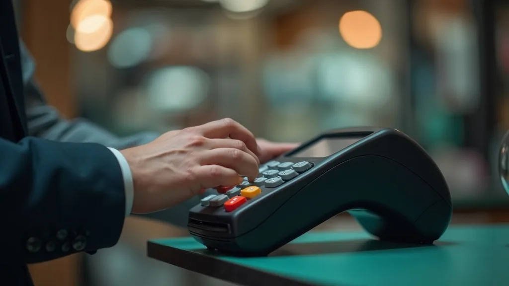 Mains hésitant au-dessus du clavier d'un terminal de paiement sur un comptoir de commerce