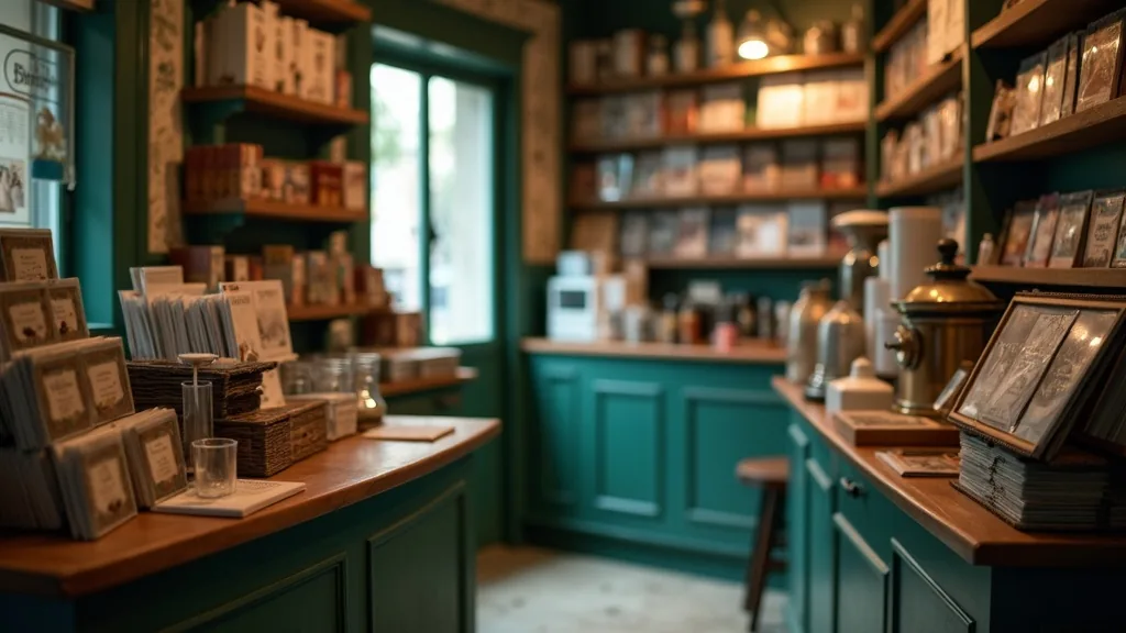 Intérieur chaleureux d'un bureau de tabac-presse français, comptoir en bois et présentoirs