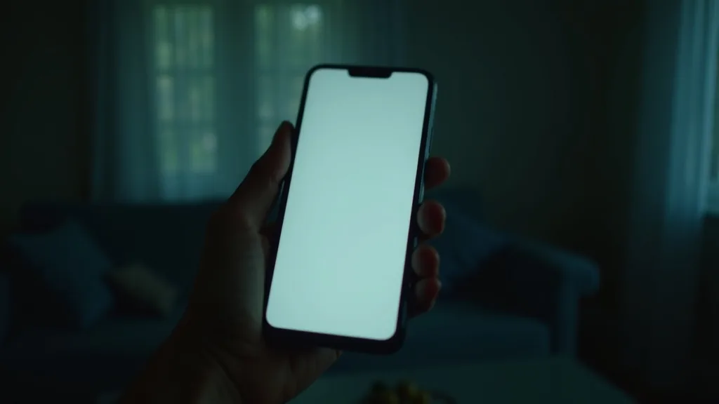 Main tenant un téléphone à l'écran allumé dans un salon sombre, geste d'urgence