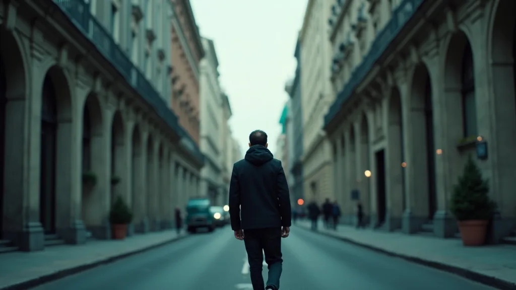 Personne vue de dos marchant dans une rue bordée de façades de banques classiques
