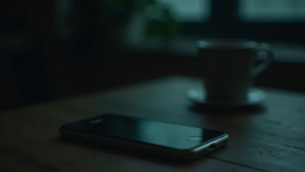 Smartphone posé face contre table à côté d'une tasse de café dans une pièce sombre, ambiance tendue