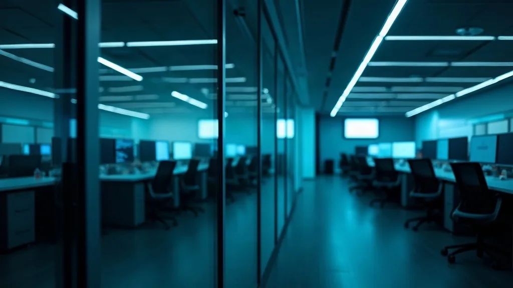Open space de bureau moderne vu à travers une paroi vitrée, écrans lumineux flous et sièges vides, lumière bleutée du soir