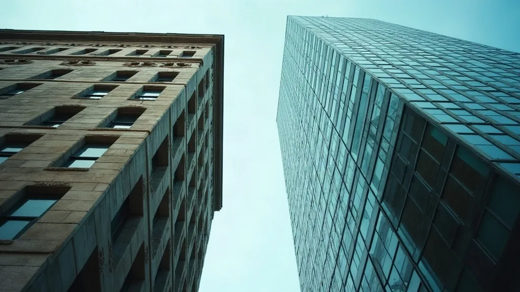 Deux immeubles de bureaux, l'un ancien en pierre et l'autre moderne en verre, côte à côte contre le ciel, contre-plongée