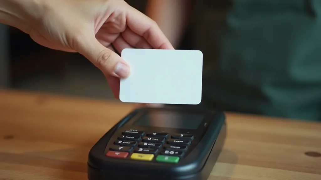 Main présentant une carte de paiement vierge au-dessus d'un terminal de paiement sur un comptoir en bois