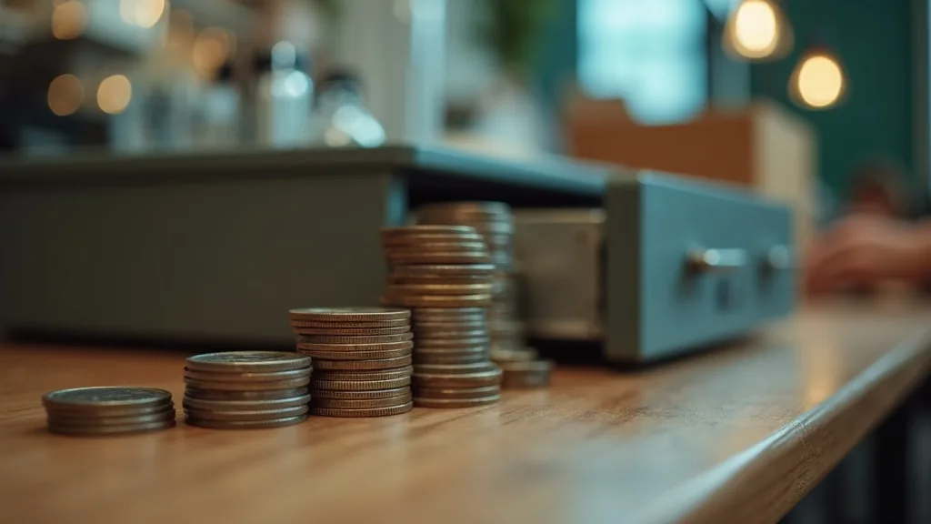 Piles de pièces de monnaie de différentes hauteurs sur un comptoir en bois, près d'un tiroir-caisse ouvert