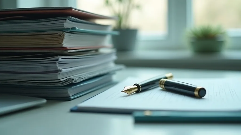 Pile de dossiers administratifs et stylo plume sur un bureau, lumière douce de fenêtre