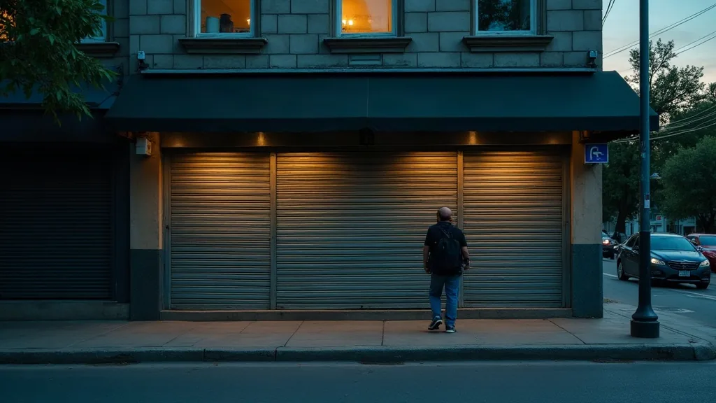 Passant vu de dos devant la devanture aux rideaux métalliques baissés d'une ancienne agence, rue calme au crépuscule