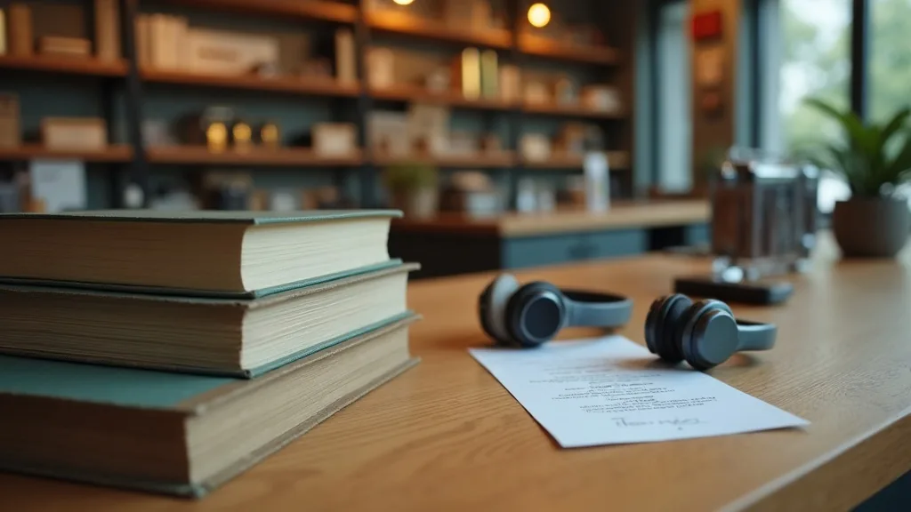Pile de livres, petit casque audio et ticket de caisse sur un comptoir en bois, lumière chaude de magasin
