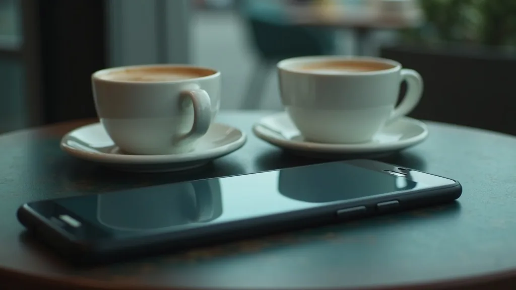 Deux smartphones posés côte à côte sur une table de café entre deux tasses