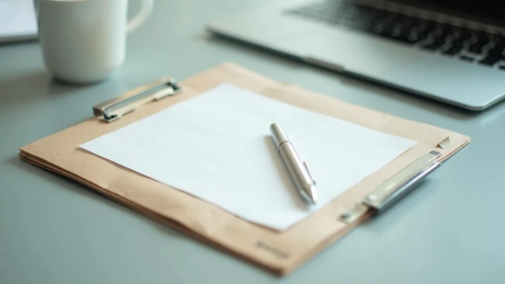 Chemise cartonnée kraft, feuille de papier vierge et stylo posés sur un bureau clair
