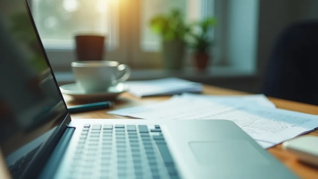 Espace de travail d'un indépendant : ordinateur portable vu de profil, factures papier et tasse de café au petit matin