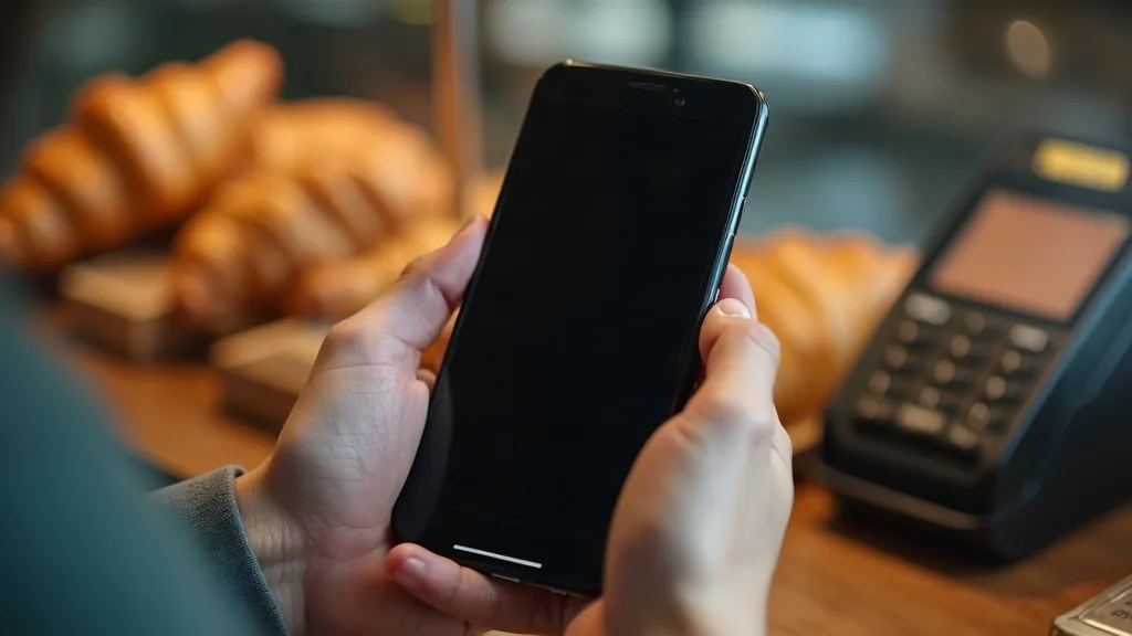 Mains tenant un smartphone à l'écran éteint près d'un terminal de paiement sur un comptoir de boulangerie, croissants flous en arrière-plan
