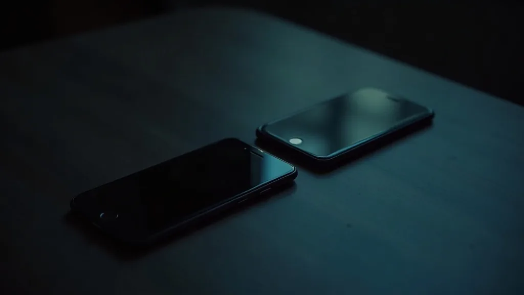 Deux smartphones posés face à face sur une table sombre, écrans éteints, comme en cours d'échange, éclairage tamisé