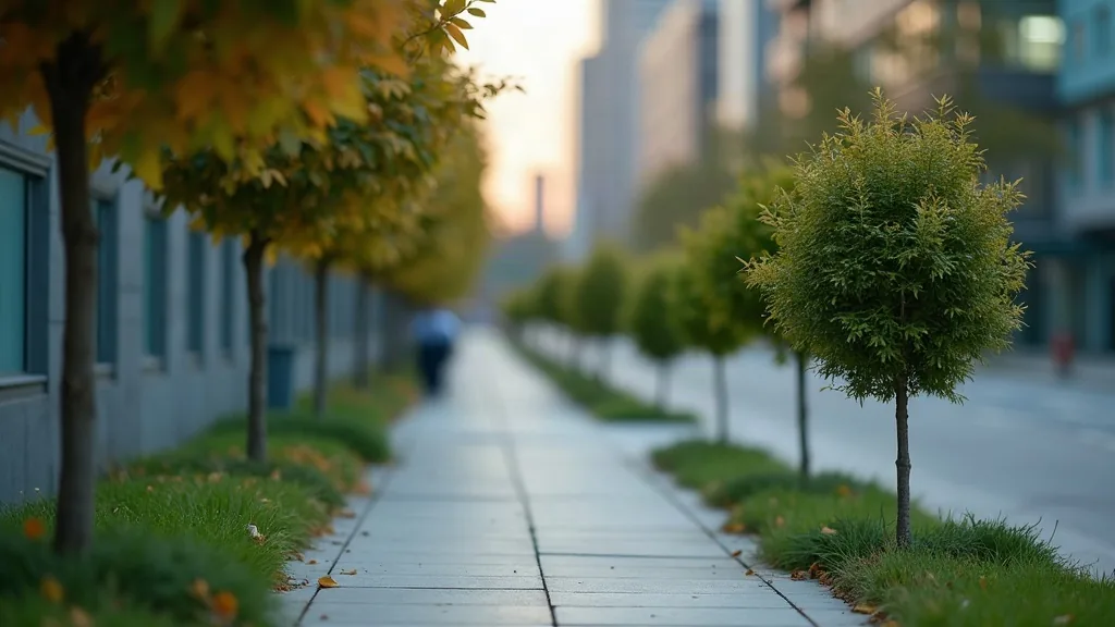 Rangée de jeunes arbres d'âges et de vigueurs différents le long d'une allée urbaine moderne, lumière douce d'automne