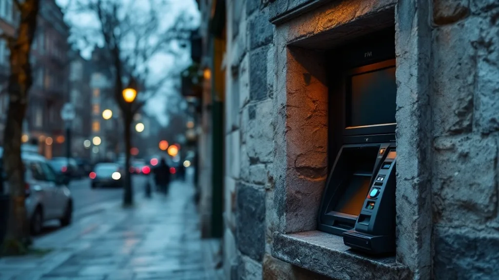 Distributeur automatique de billets encastré dans une façade en pierre, dans une rue au crépuscule